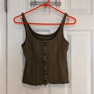 Aeropostale Womens Ribbed Button Front Tank Top Olive Brown Lettuce Hem Medium